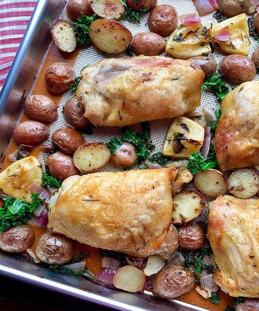 Oven Roasted Chicken With Potatoes with Kale. 