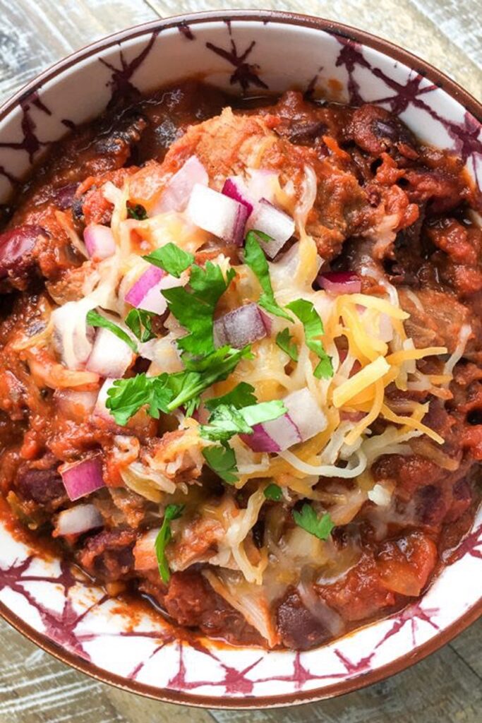 Slow Cooker Pulled Pork Chili high protein recipe.