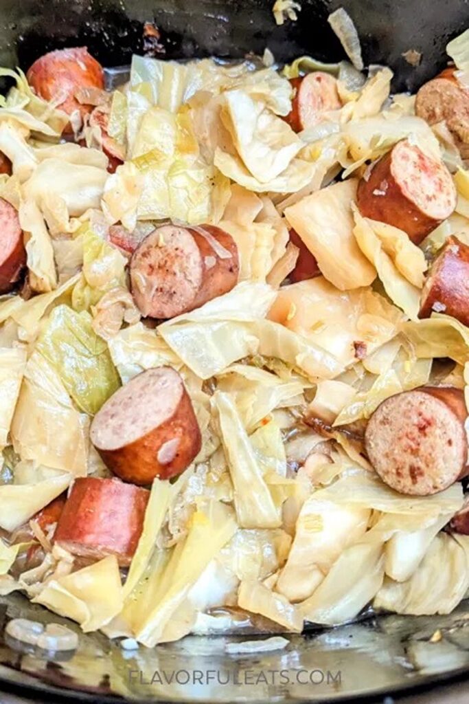 Low Carb  Slow Cooker Smoked Sausage Cabbage Casserole. 