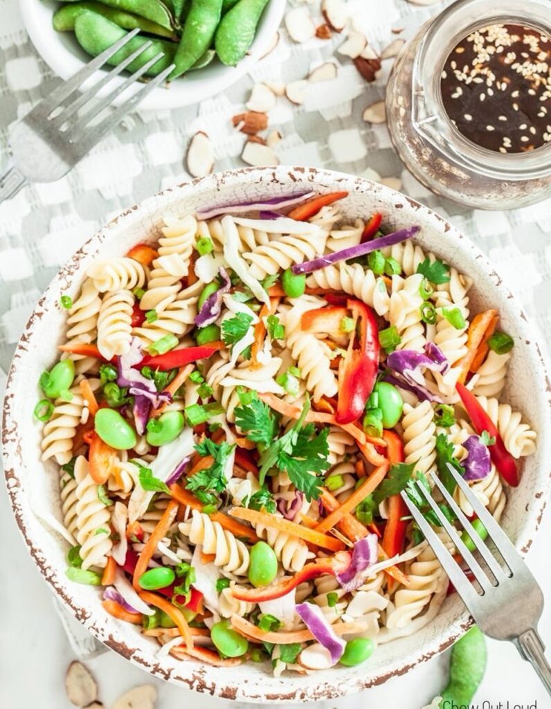 Asian Pasta Salad With Sesame Ginger Dressing.