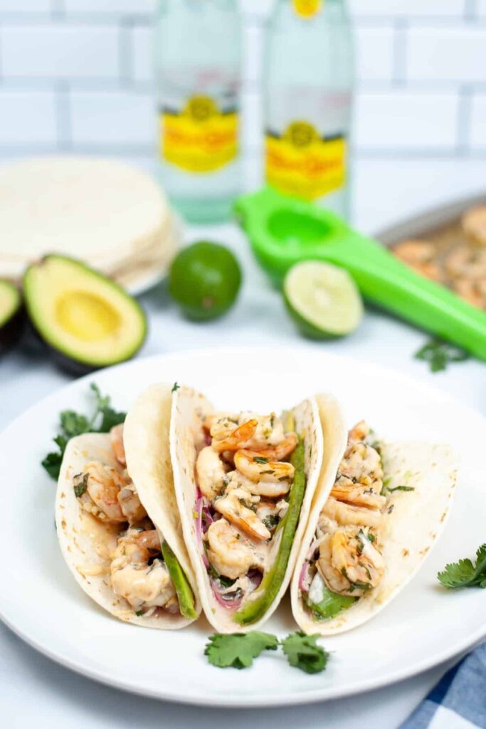 Sheet Pan Shrimp Tacos high protein recipe.