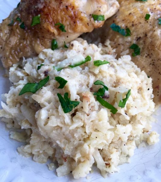 Pickle Braised Chicken Thighs with Cauliflower “Rice”