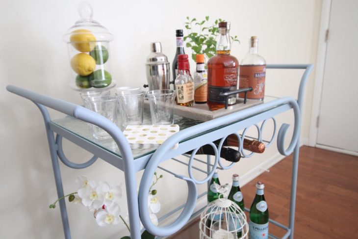A bar car is a must for our made over living room! This is the perfect accent for a living room. Small house decorating idea. Small house diy decorating ideas.