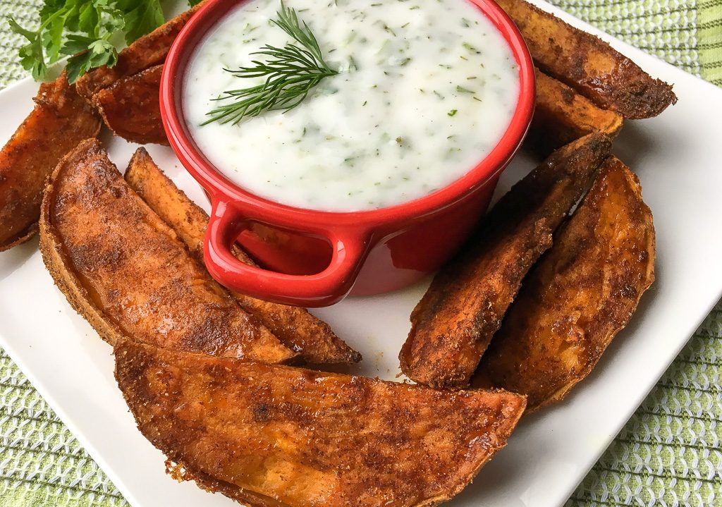 Mediterranean Air Fried Japanese Sweet Potato Fries with Yogurt