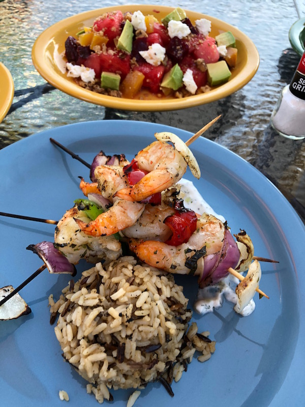 Wild rice served with grilled shrimp on skewers on Mackinac Island Hotels Mission Point Resort 