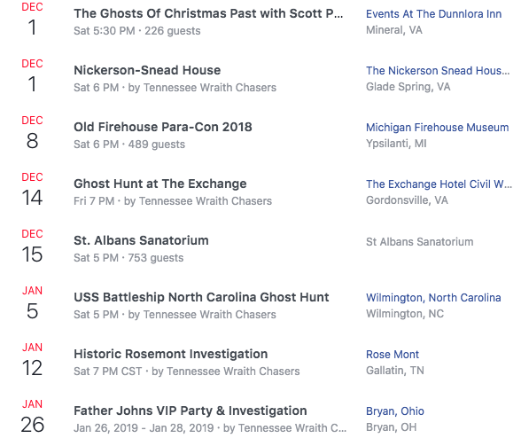 tennessee wraith chasers schedule of events