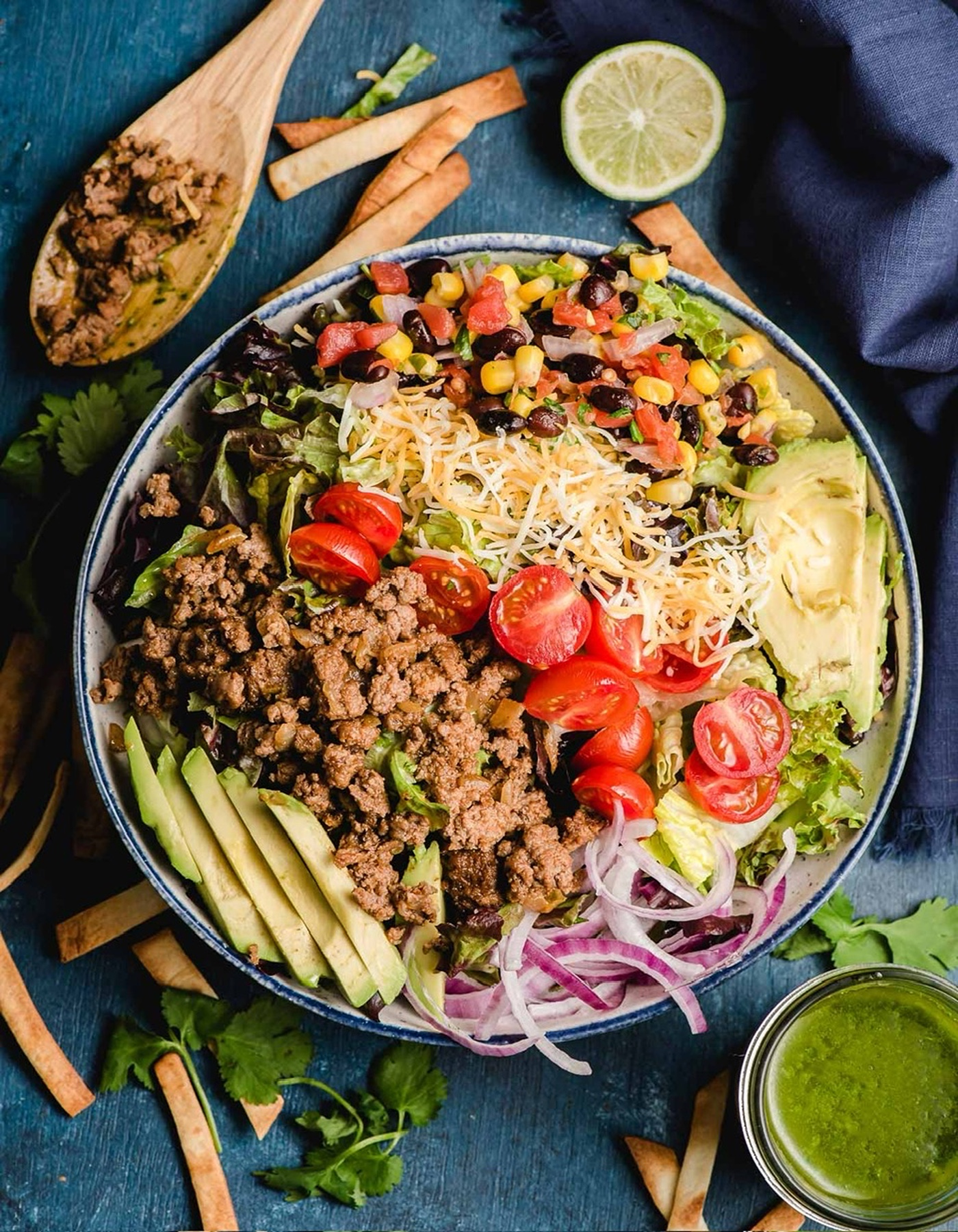 Hearty Salad Recipe - Ground Beef Taco Salad with Cilantro Lime Vinaigrette.