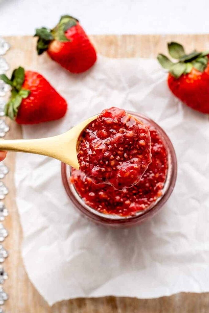 Strawberry Chia Jam in a jar.