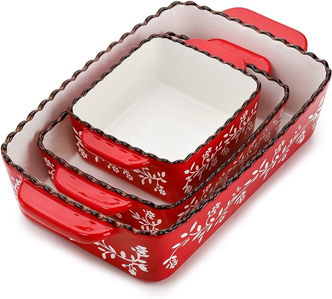 Photo of a set of red floral casserole dishes.