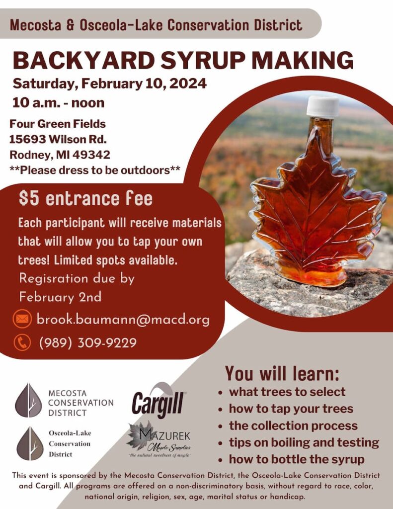 Flyer image for the backyard syrup making event in rodney, mi.