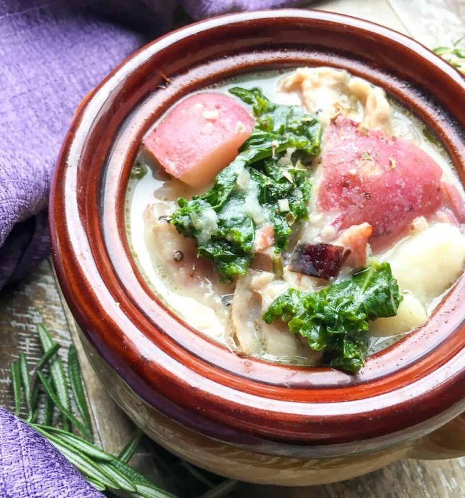 Bacon Potato Soup recipe in a crock bowl.