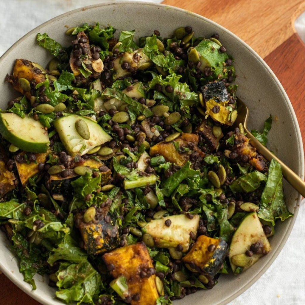 Black Lentil Acorn Squash Kale Salad With Maple Miso Mustard Dressing Vegan.