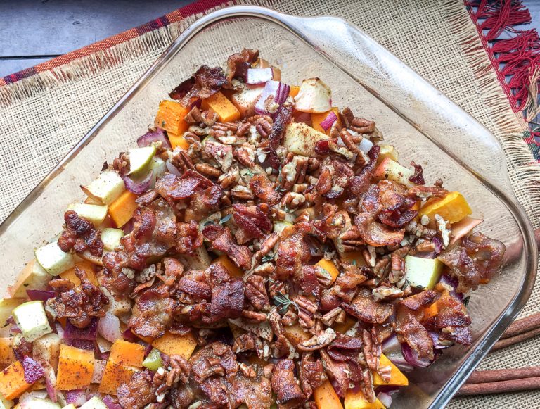 Apple Butternut Squash Casserole with Bacon-Pecan Topping