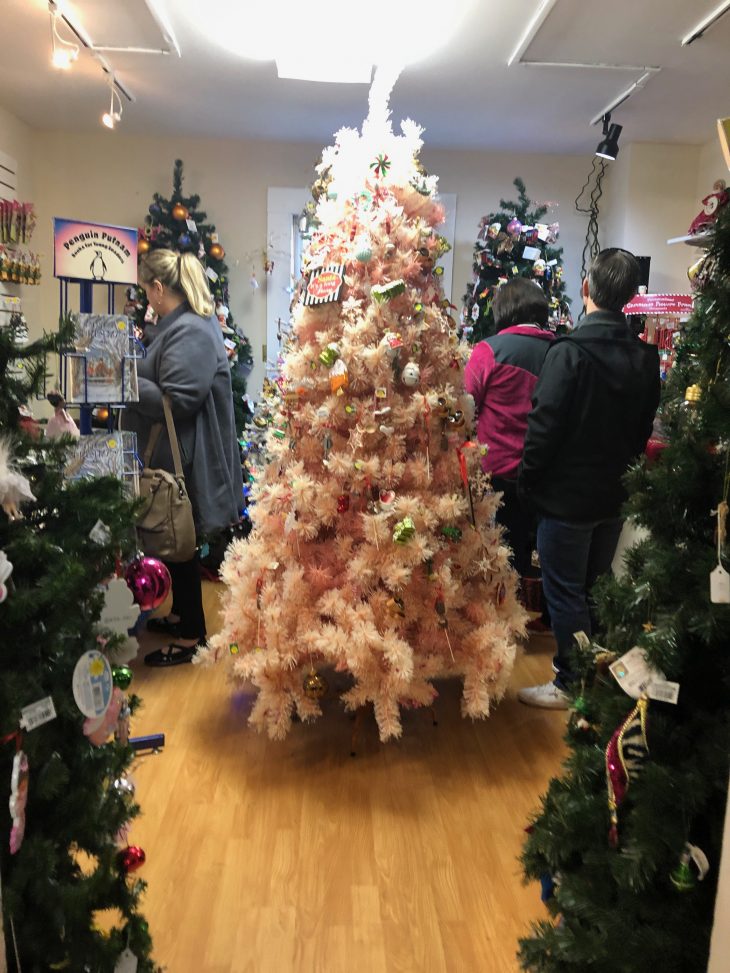 Photo of a light pink Christmas Tree inside Christmas Store in Helen GA.