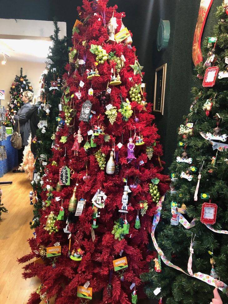 Photo of a red Christmas Tree inside Christmas Store in Helen GA.