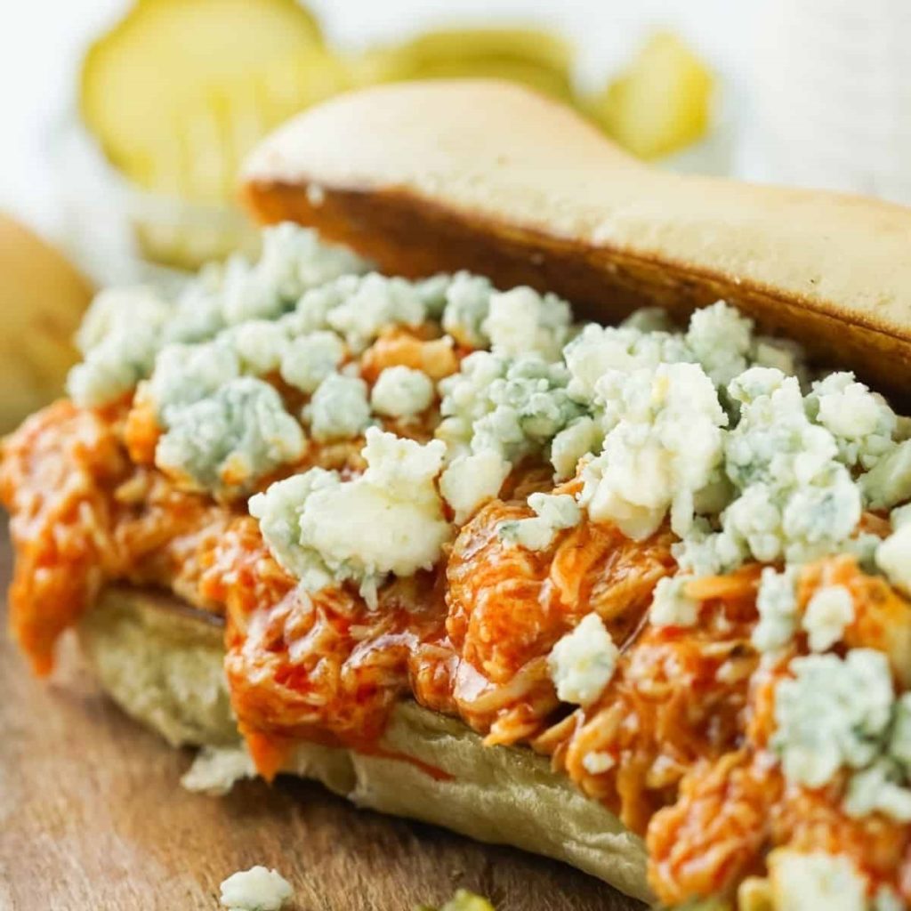 Crockpot Buffalo Chicken Cheesesteak Sandwiches.