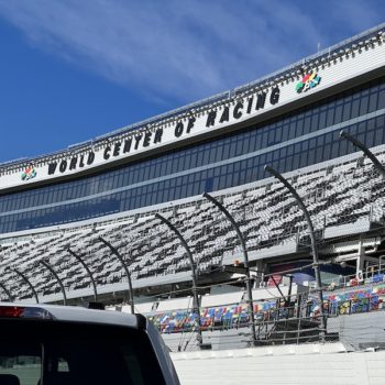 up close look at the spectator stands from the race track at Daytona International Speedway
