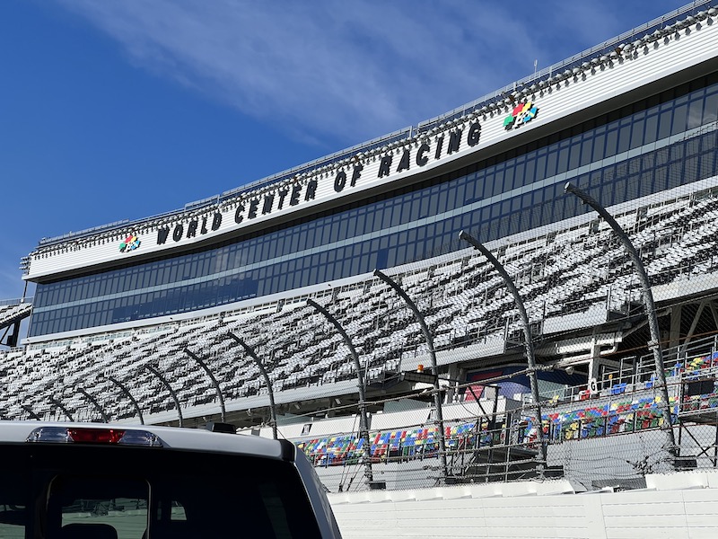 up close look at the spectator stands from the race track at Daytona International Speedway