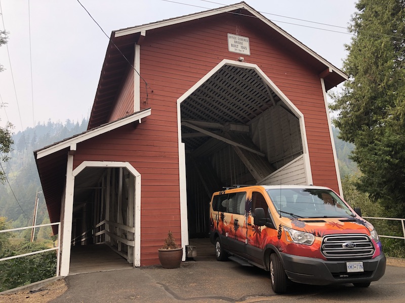 Escape Campervan Exiting Office Covered Bridge in Oregon