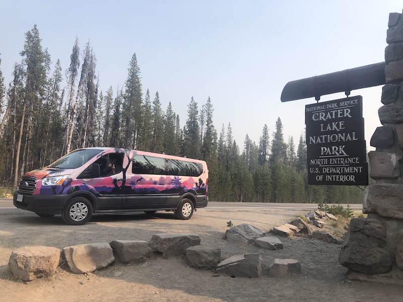 Escape Campervan at Crater Lake National Park North Entrance Sign