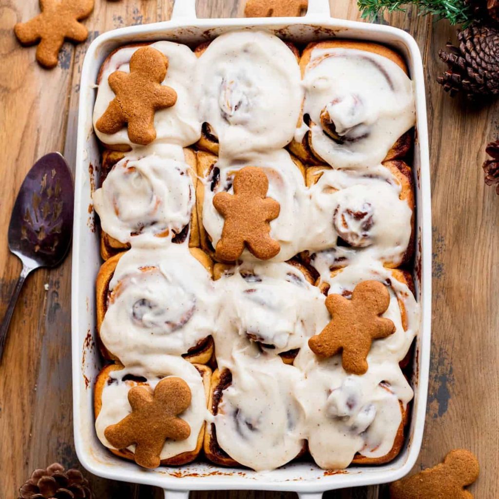 a tray of Gingerbread Cinnamon Rolls.