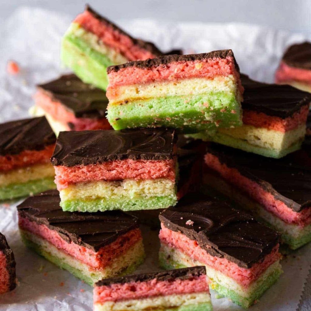 GlutenFree Rainbow Cookies cut into squares.