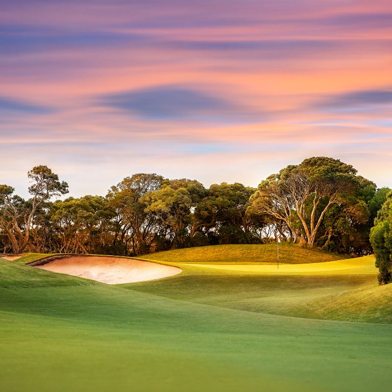golf course at sunset with pinkish skies