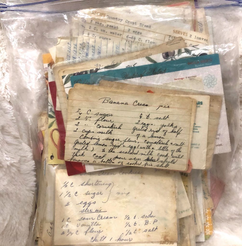 Photo of grandmas recipes in a zip lock bag.