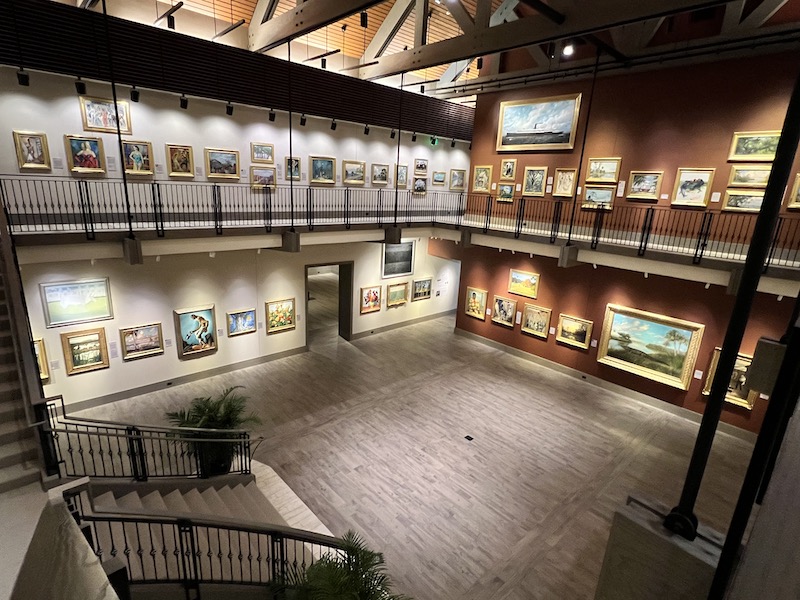 From upstairs looking down at the main gallery of Hyatt Brown Museum