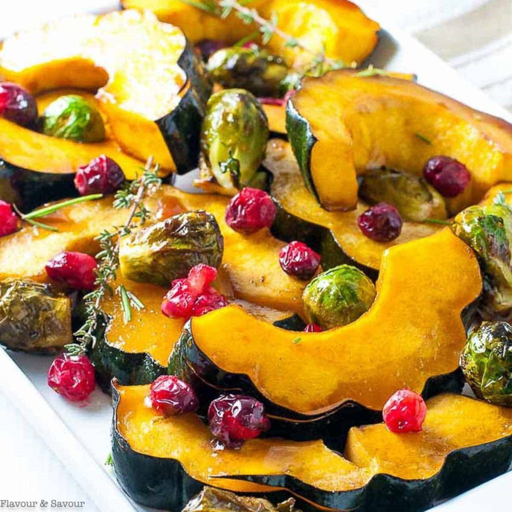 Honey Balsamic Roasted Acorn Squash And Brussels Sprouts.