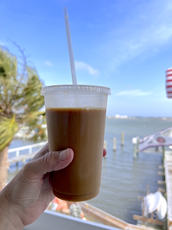 Coffee with a waterfront view at bake bottle brew in swansboro nc