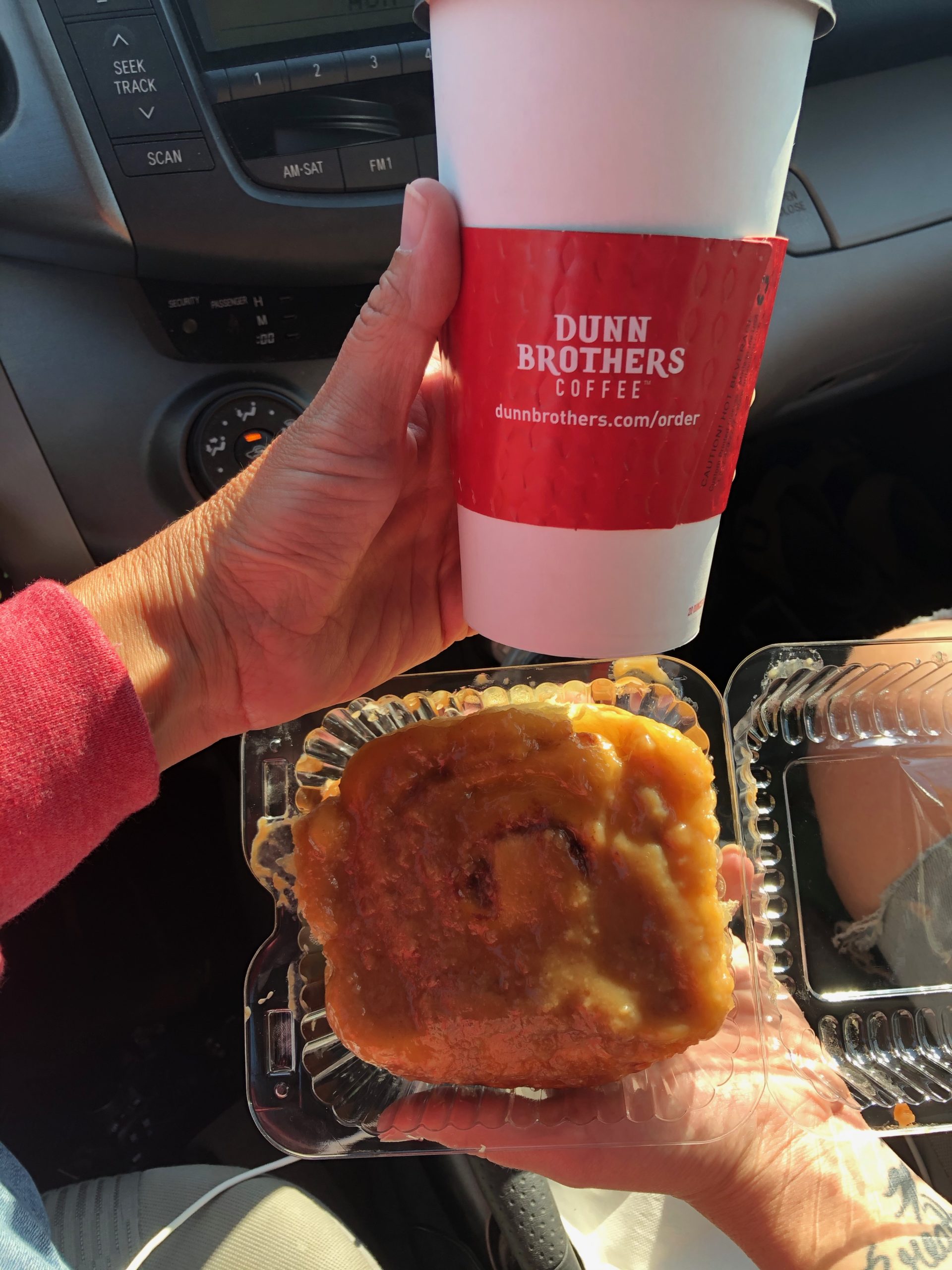 dunn bro coffee and caramel roll