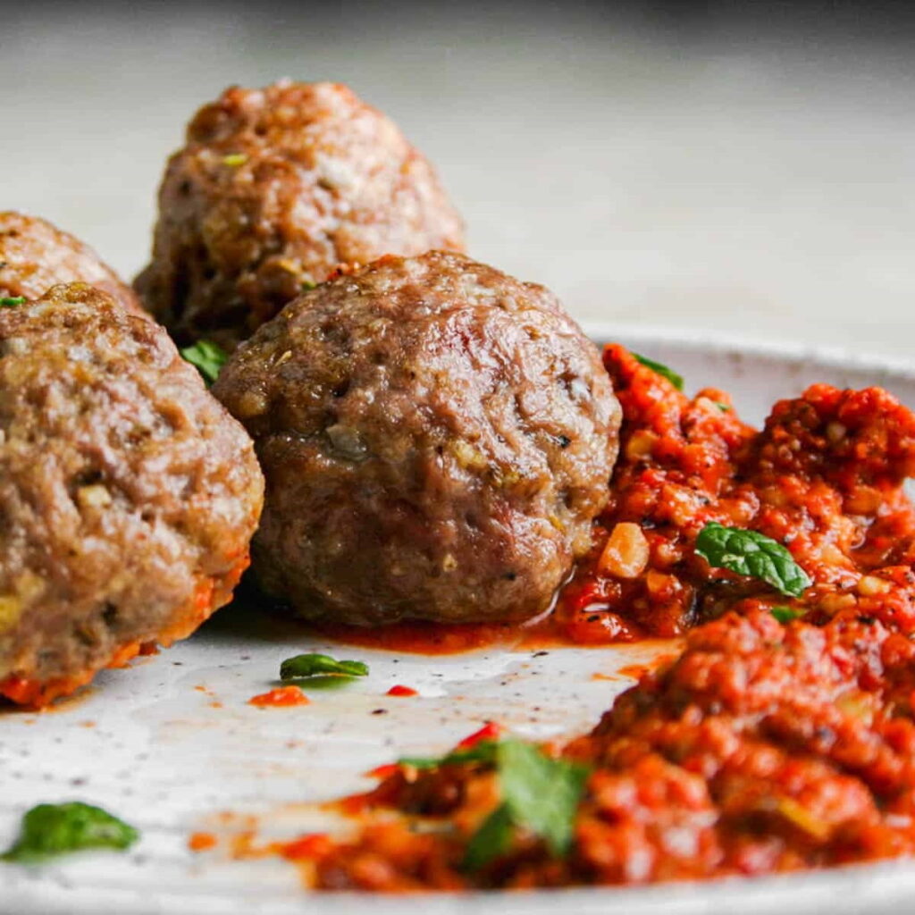 Lamb Meatballs With Middle Eastern Inspired Romesco. 