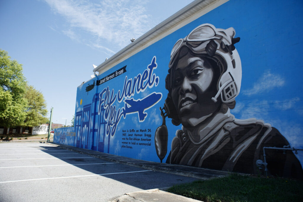 Mural honoring Griffin’s own Janet Harmon Bragg, the first African American woman to hold a commercial pilot’s license. 