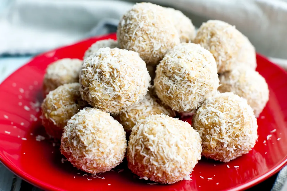 Photo of No Bake Peanut Butter Snowballs from HappyHealthyMama.com.