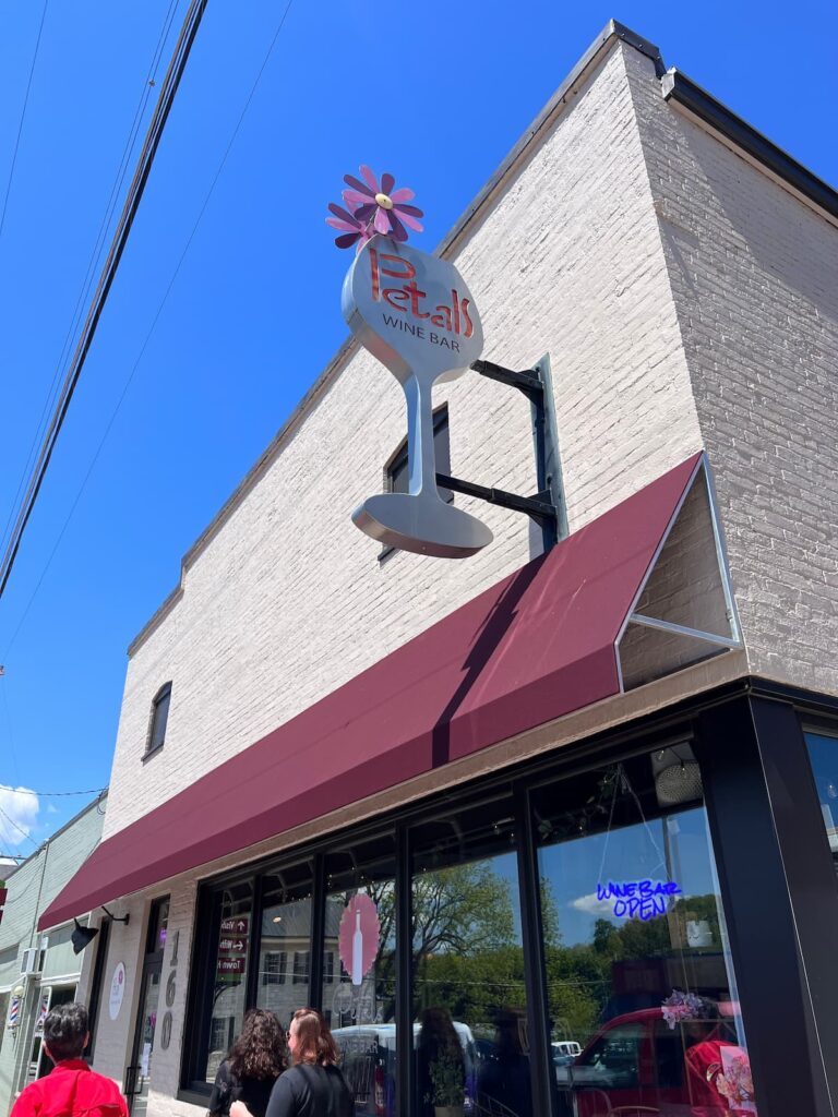 Petals Wine Bar storefront sign.