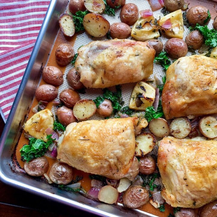 Easy Oven Roasted Chicken with Potatoes & Kale