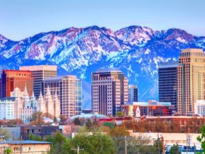 Downtown salt lake city with mountains in the background