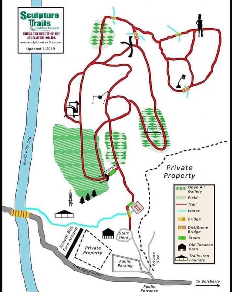 Trail map of the Outdoor Metal Sculpture Museum in Solsberry, IN.