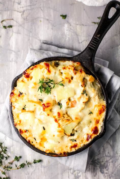 Photo of turkey potato casserole In a skillet.