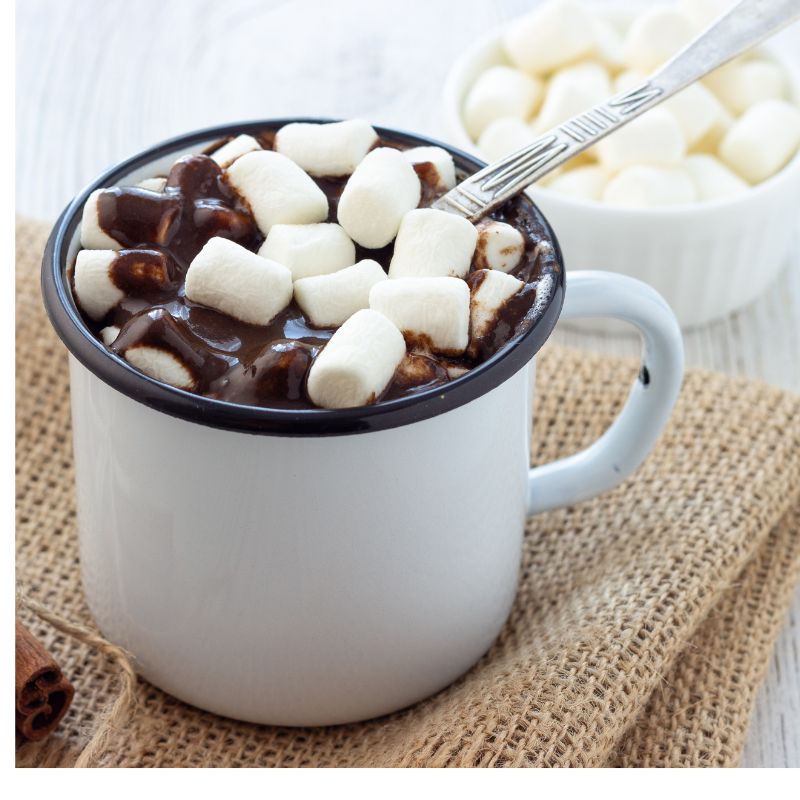 Photo of hot chocolate with chocolate sauce and marshmallows.