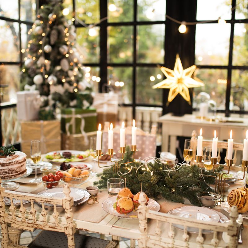 Photo of a Dinning room set up with Holiday Decorations.