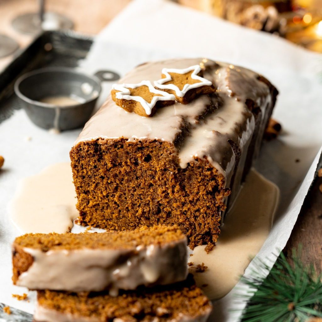 Vegan Gingerbread Loaf on parchment paper.