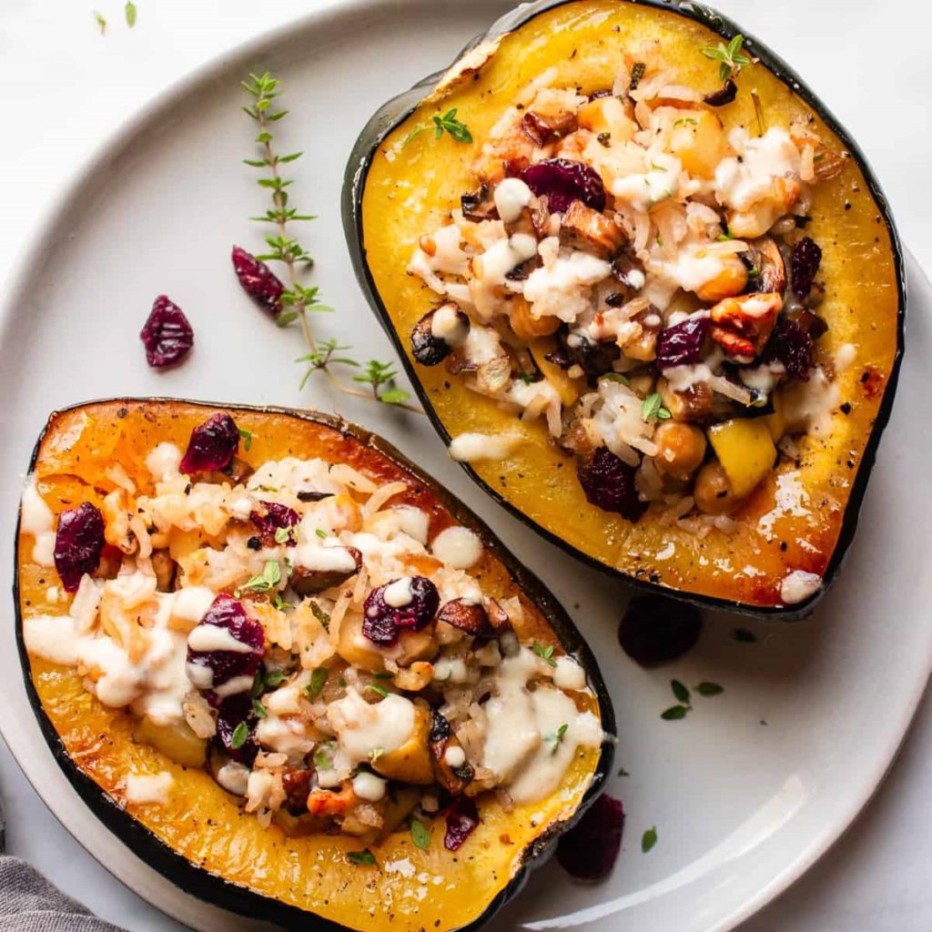 Vegan Stuffed Acorn Squash With Mushrooms And Chickpeas.