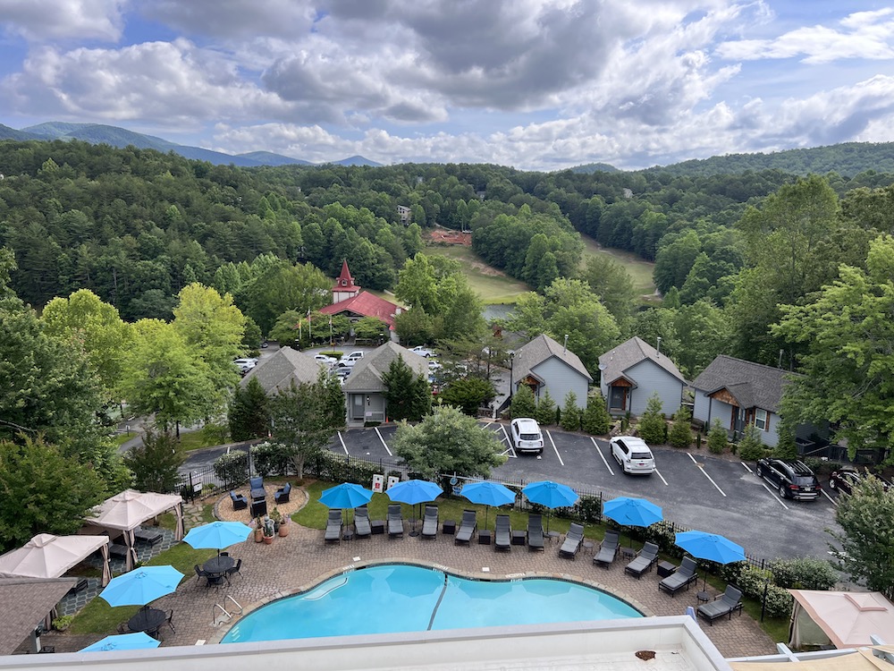 View from Valhalla Resort in Helen Ga Grounds and pool