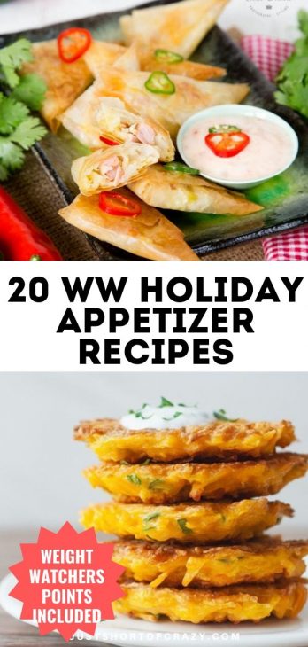 Pinterest image with 20 ww holiday appetizer recipes in text in center of the image and a recipe photo above and below the text.