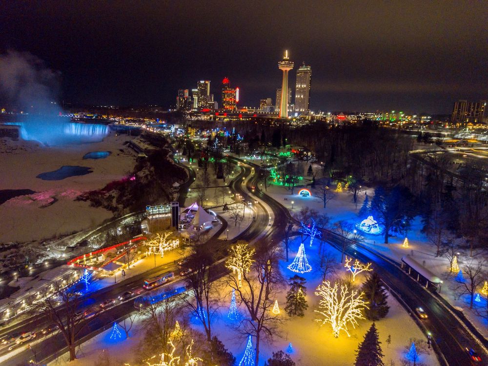 Winter Festival of LIghts image from above with falls in the distance (Niagara Falls Tourism).2pa