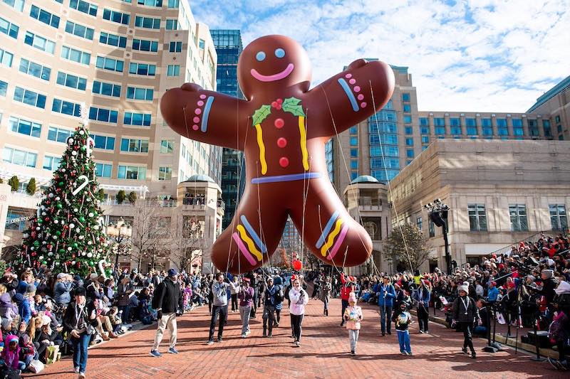 Reston Holiday Parade with giant gingerbread man inflatable