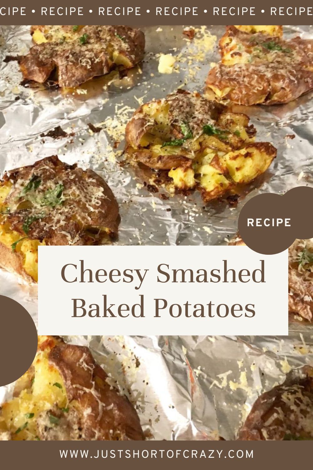 Pin for Pinterest for the cheesy smashed baked potatoes.