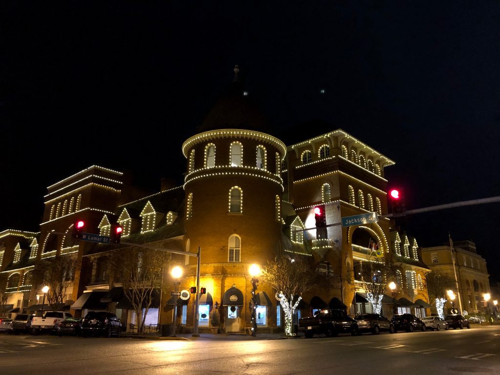 historic windsor hotel at night lit up